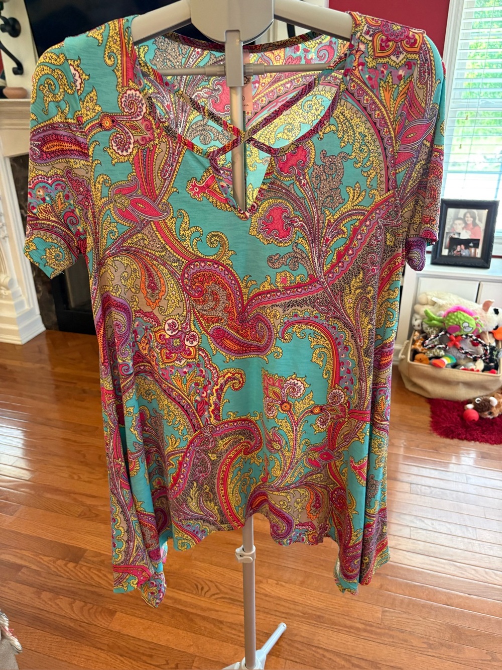 Paisley Crisscross Short Sleeve Top in Turquoise and Pink